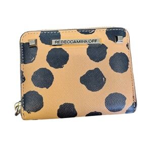 Rebecca Minkoff Polka Dot Saffiano Leather Zip Around Wallet Tan Black Gold
